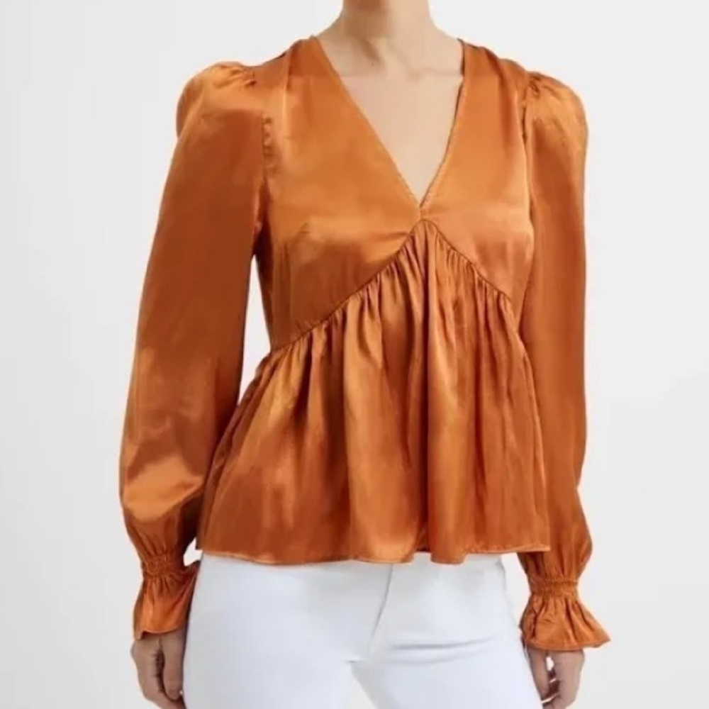 [S/M]French Connection Honey Bronze Inu Satin Peasant Blouse Emperor Waist